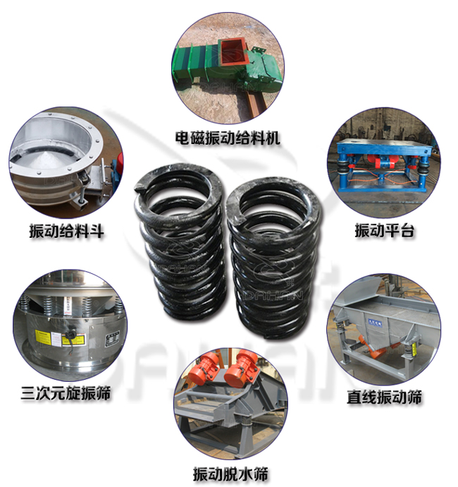 旋振篩減震彈簧適用產(chǎn)品：振動(dòng)給料機(jī)，電磁振動(dòng)給料機(jī)，振動(dòng)平臺(tái)，直線振動(dòng)篩，振動(dòng)脫水篩，三次元旋振篩。