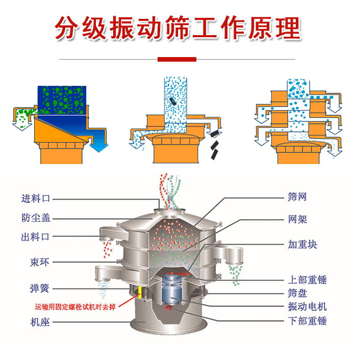 分級(jí)振動(dòng)篩內(nèi)部結(jié)構(gòu)：進(jìn)料口，防塵蓋，出料口，束環(huán)，彈簧，機(jī)座，篩網(wǎng)，網(wǎng)架，上部重錘，振動(dòng)電機(jī)，下部重錘。