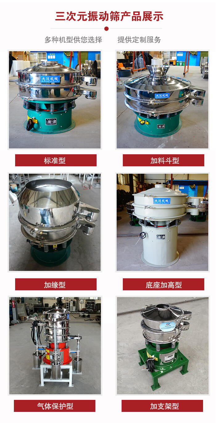 三次元振動篩不同結(jié)構(gòu)展示：標準型，加料斗型，加緣型，底座加高型，氣體保護型，加支架型。